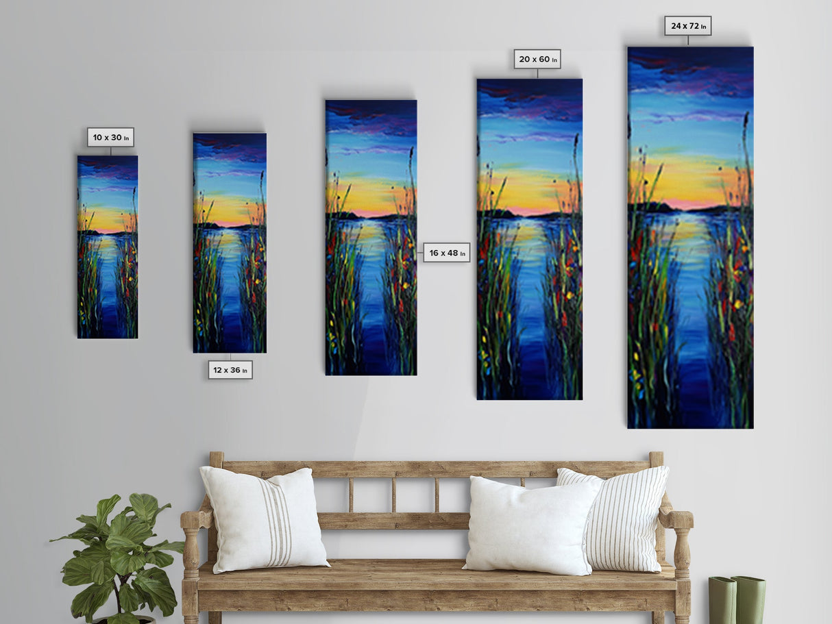Vibrant Lake Reflection Framed Canvas Print lake Tahoe art landscape painting sunset over water coastal decor extra wide wall art
