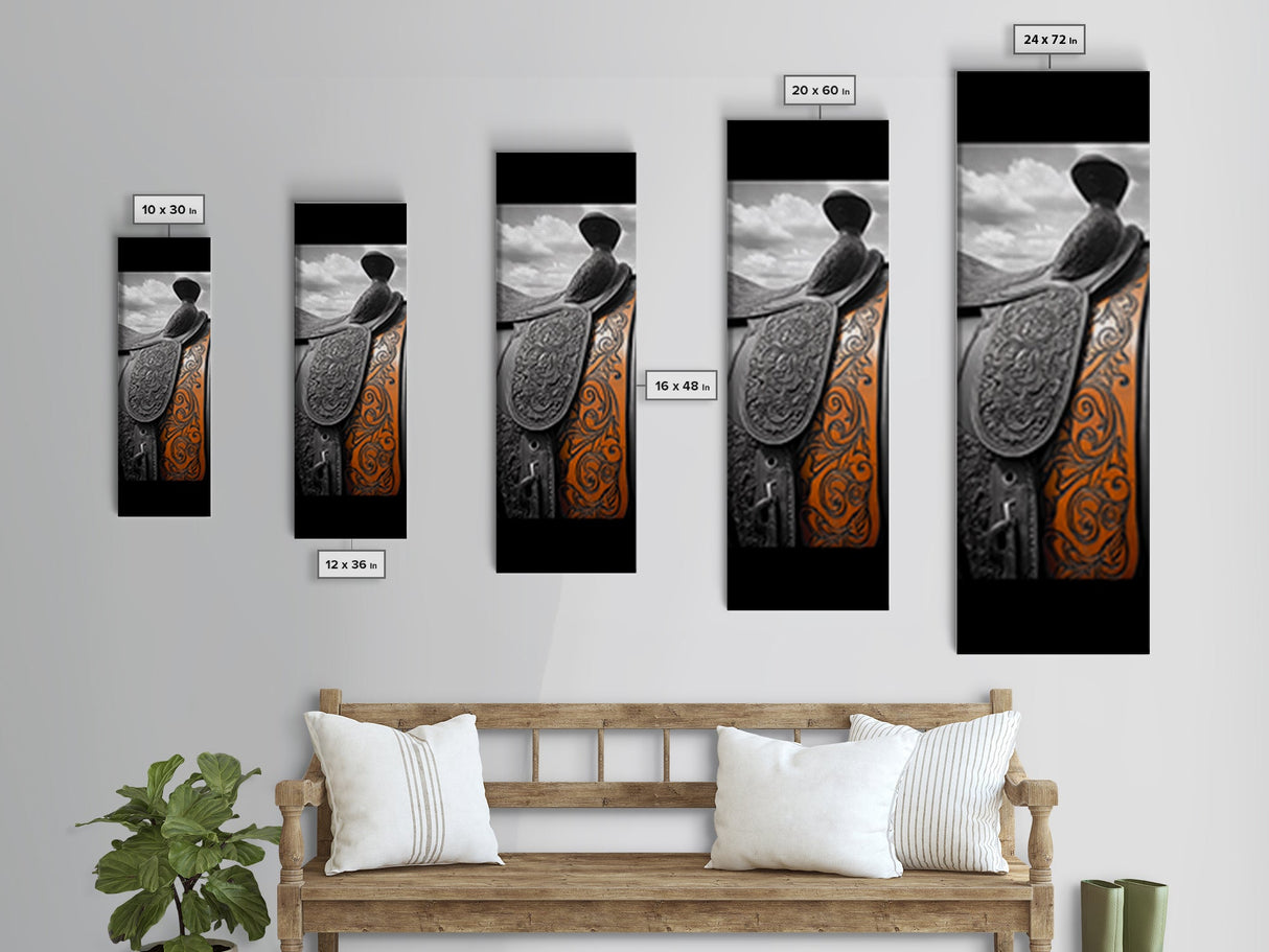 Leather Saddle Art, Framed Canvas Print, rustic wall art, cowboy painting, vintage horse art, farmhouse art, extra wide art, wabi sabi art