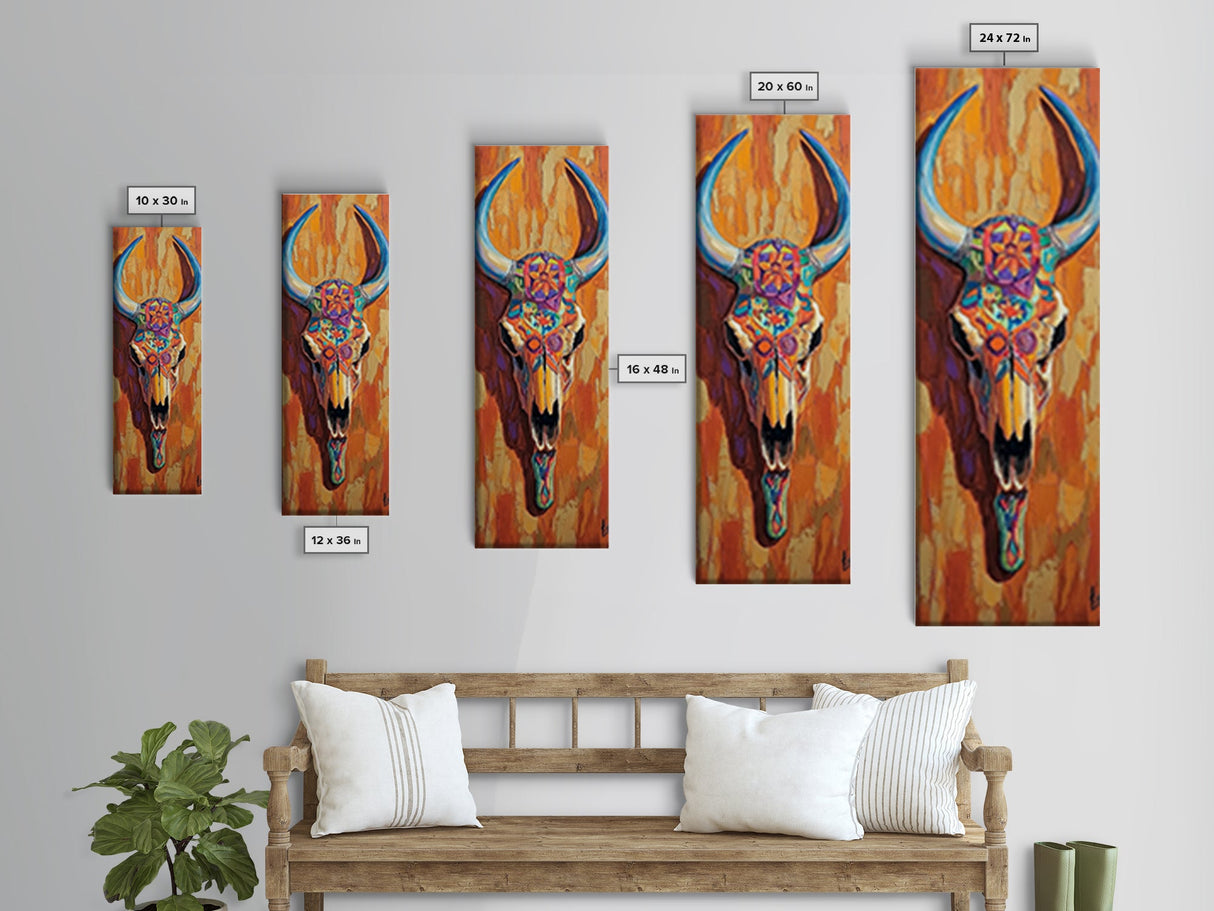 Vibrant Skull Art Framed Canvas Print, Western Wall Art, Skull Art, Boho Art, Southwest Decor, Moody Art, Rustic Wall Art, Halloween Art