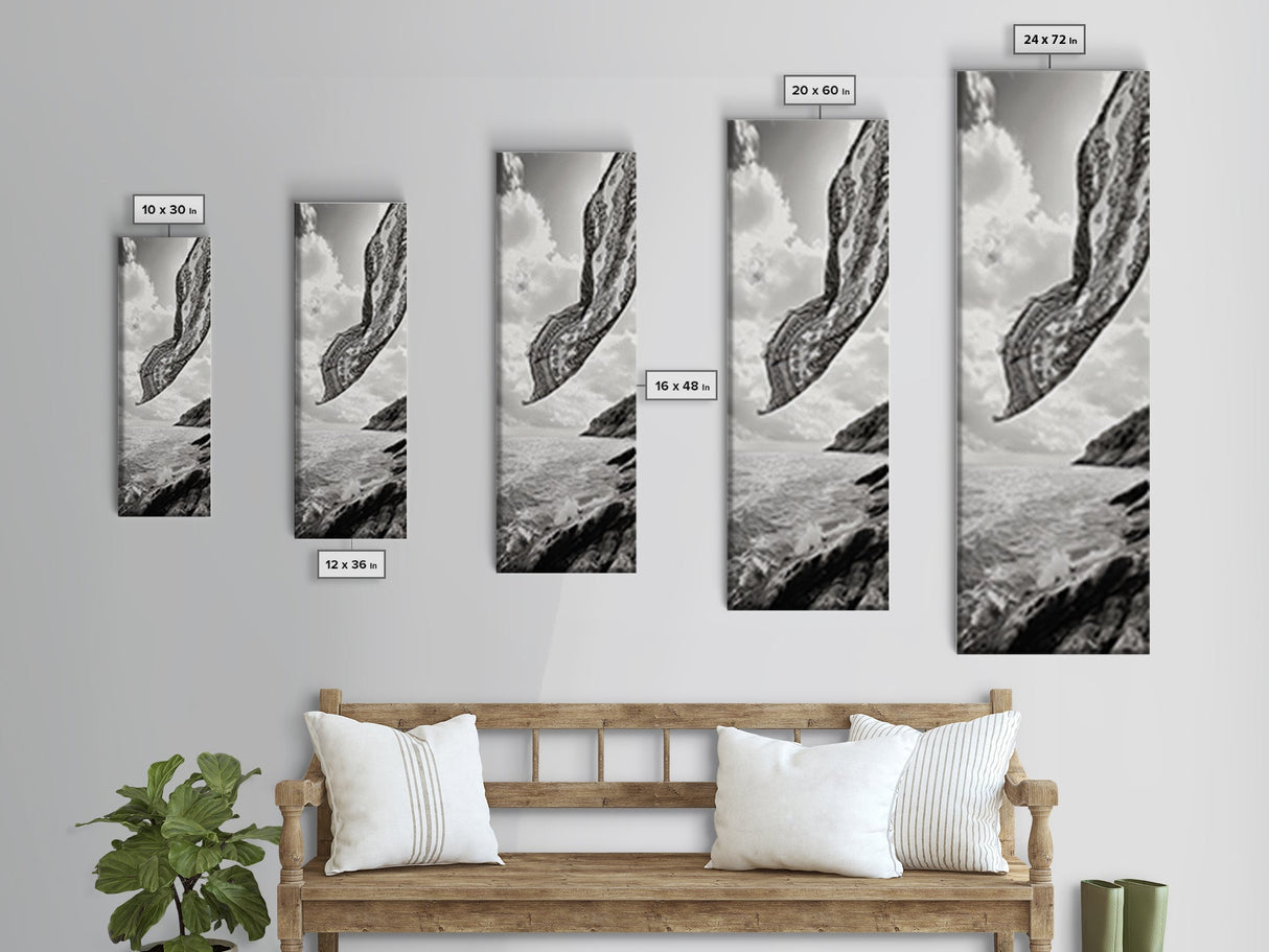Flowing Fabric Over Ocean, Framed Canvas Print, wabi sabi art, coastal decor, boho art, minimalist art, above couch art, panoramic painting
