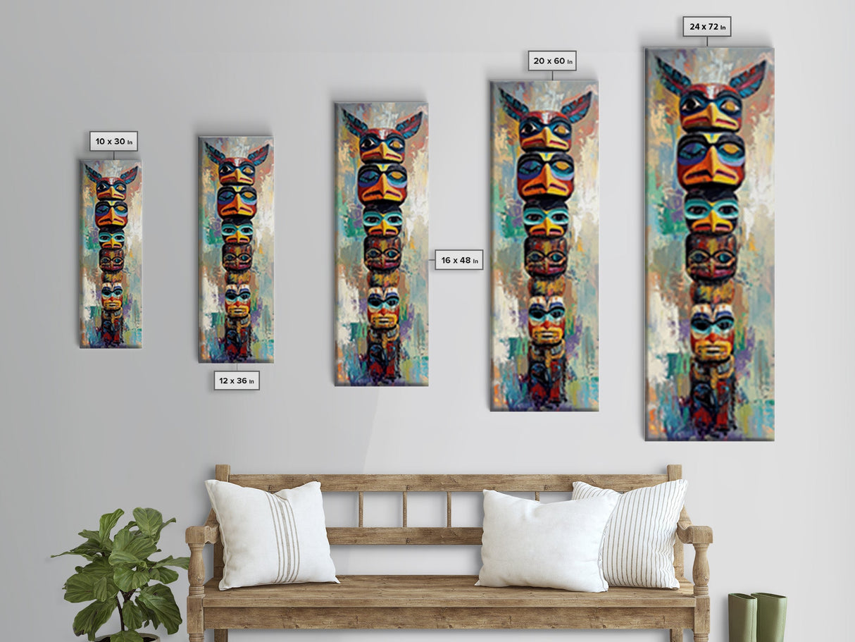 Totem Pole Framed Canvas Print tribal art rustic decor abstract painting blue and green wall art moody art tall narrow art unique wall art