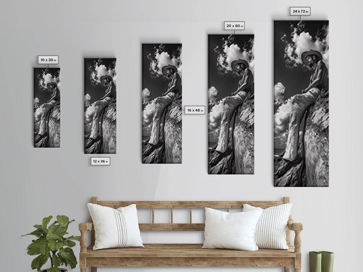 Bohemian Man, Clifftop Reflection, Framed Canvas Print, Coastal Cowgirl Wall Art, Rustic Décor, Boho Art, Minimalist Art