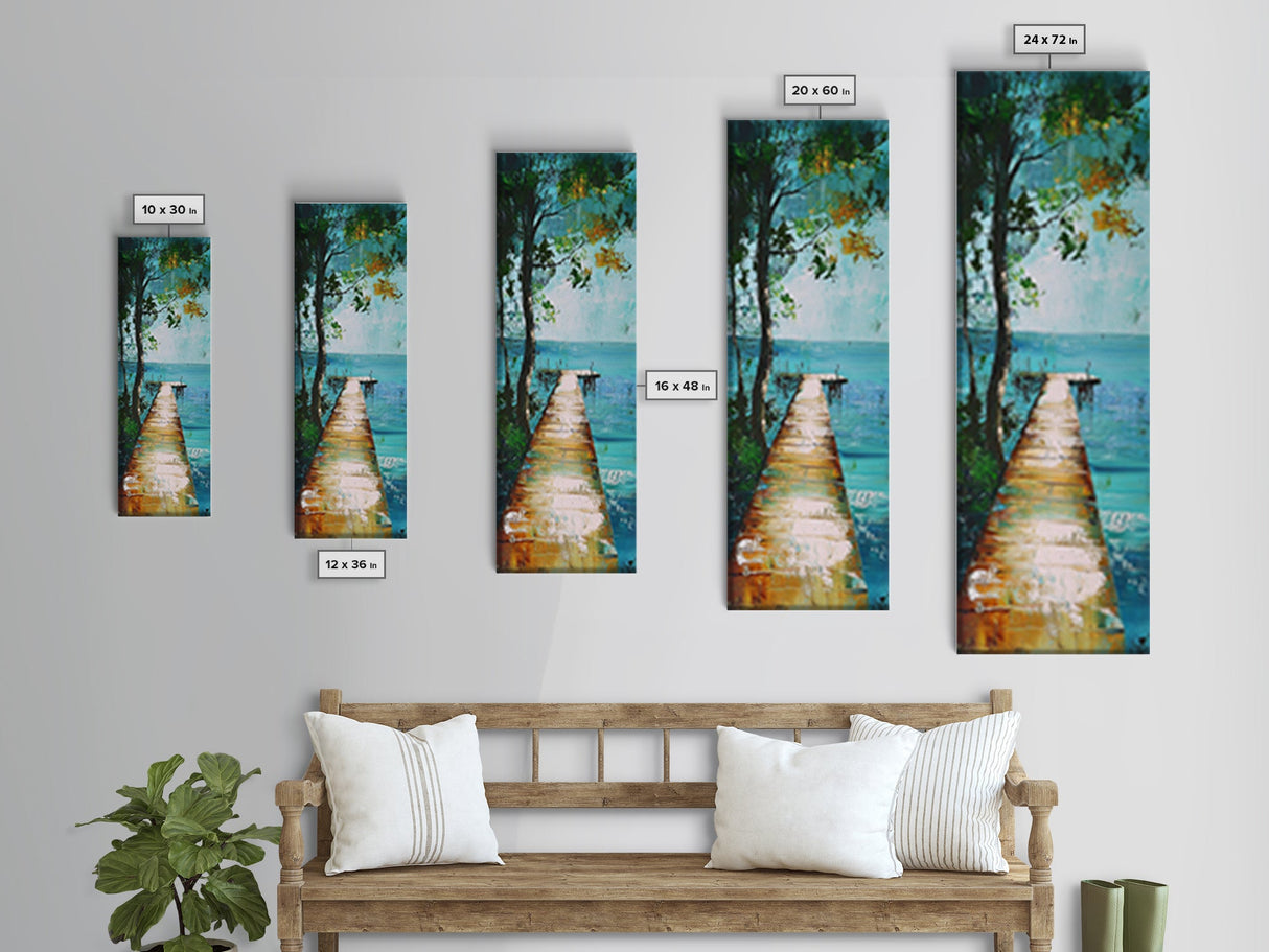 Tranquil Lake Dock Landscape Painting Framed Canvas Print | Coastal Landscape Art | Nautical Wall Art | Lake Tahoe Art | Ocean Decor