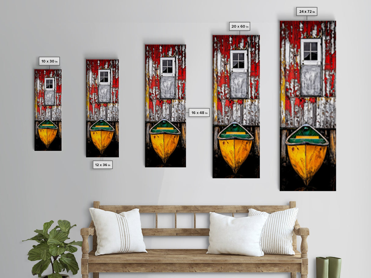 Rustic Barn Boat Reflection Painting Framed Canvas Print | Nautical Wall Art | Rustic Decor | Coastal Painting | Maine Oil Painting