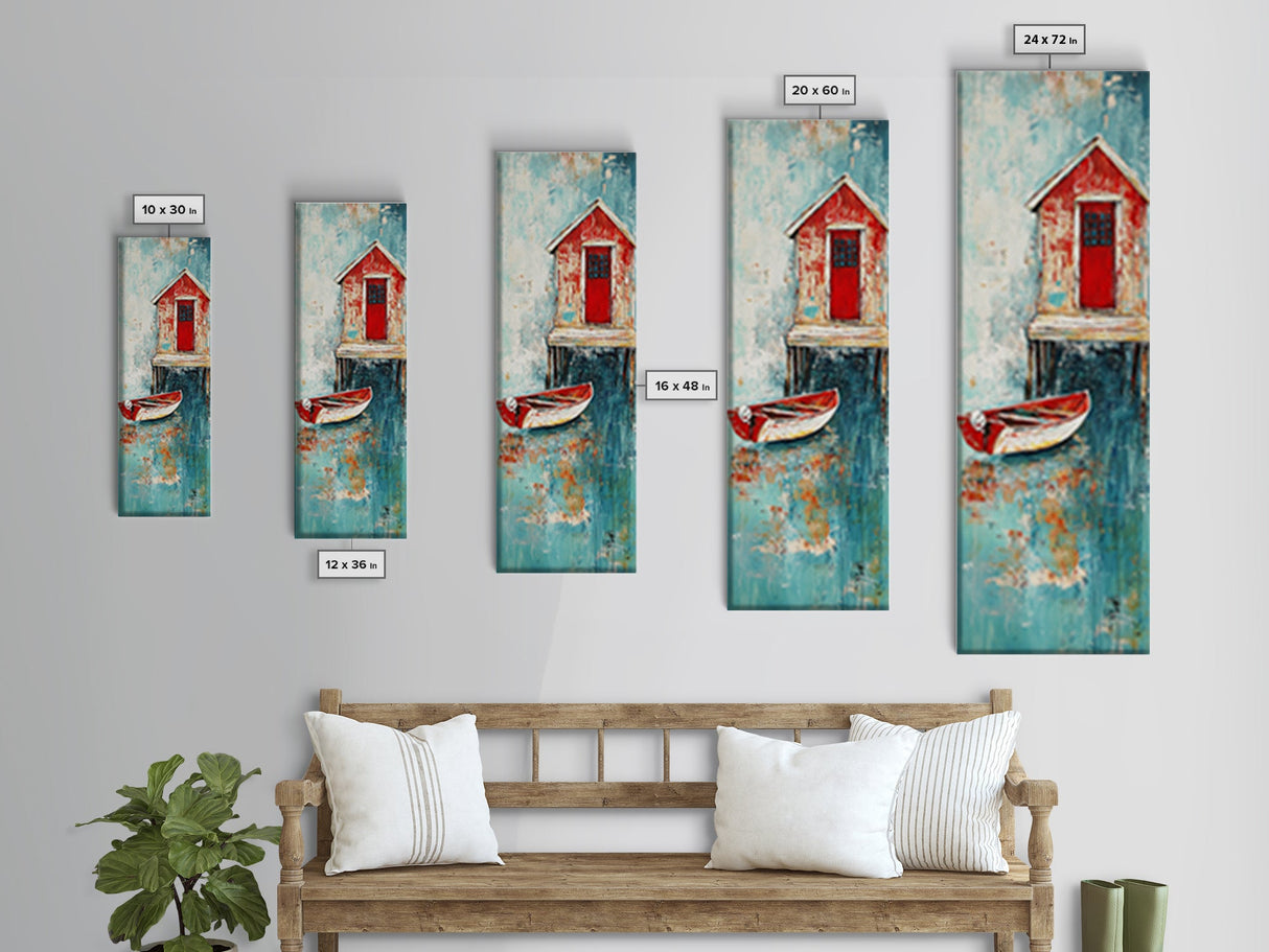 Red Boathouse Coastal Scene Framed Canvas Print | Nautical Decor | Seascape Painting | Rustic Wall Art | Coastal Painting