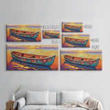 Sunset Canoe, seascape painting, coastal painting, nautical wall art, above sofa art, ocean decor, bright colors, Canvas Print
