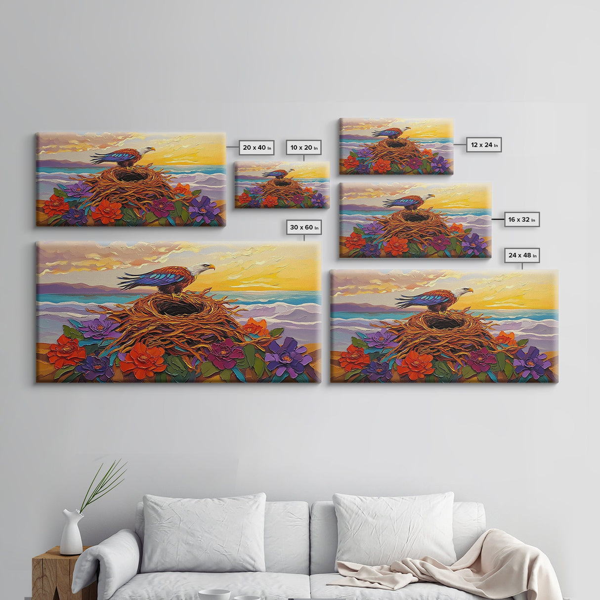 Bald Eagle Nest, bird art, mountain painting, moody art, southwest wall art, patriotic decor, nature art, Framed Canvas Print
