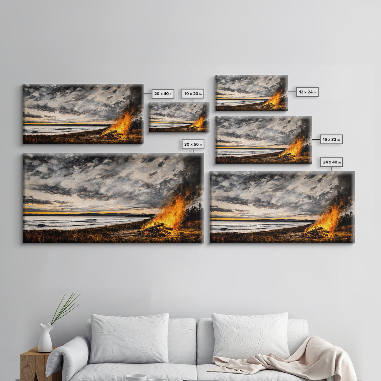 Campfire, forest at dusk painting, smoky mountain art, extra wide art, autumn decor, wabi sabi art, Framed Canvas Print, above couch art