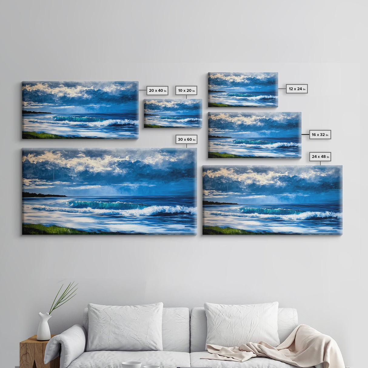 Ocean Waves, coastal decor, nautical painting, blue and green wall art, surf wall art, lake Tahoe art, Framed Canvas Print, panoramic art