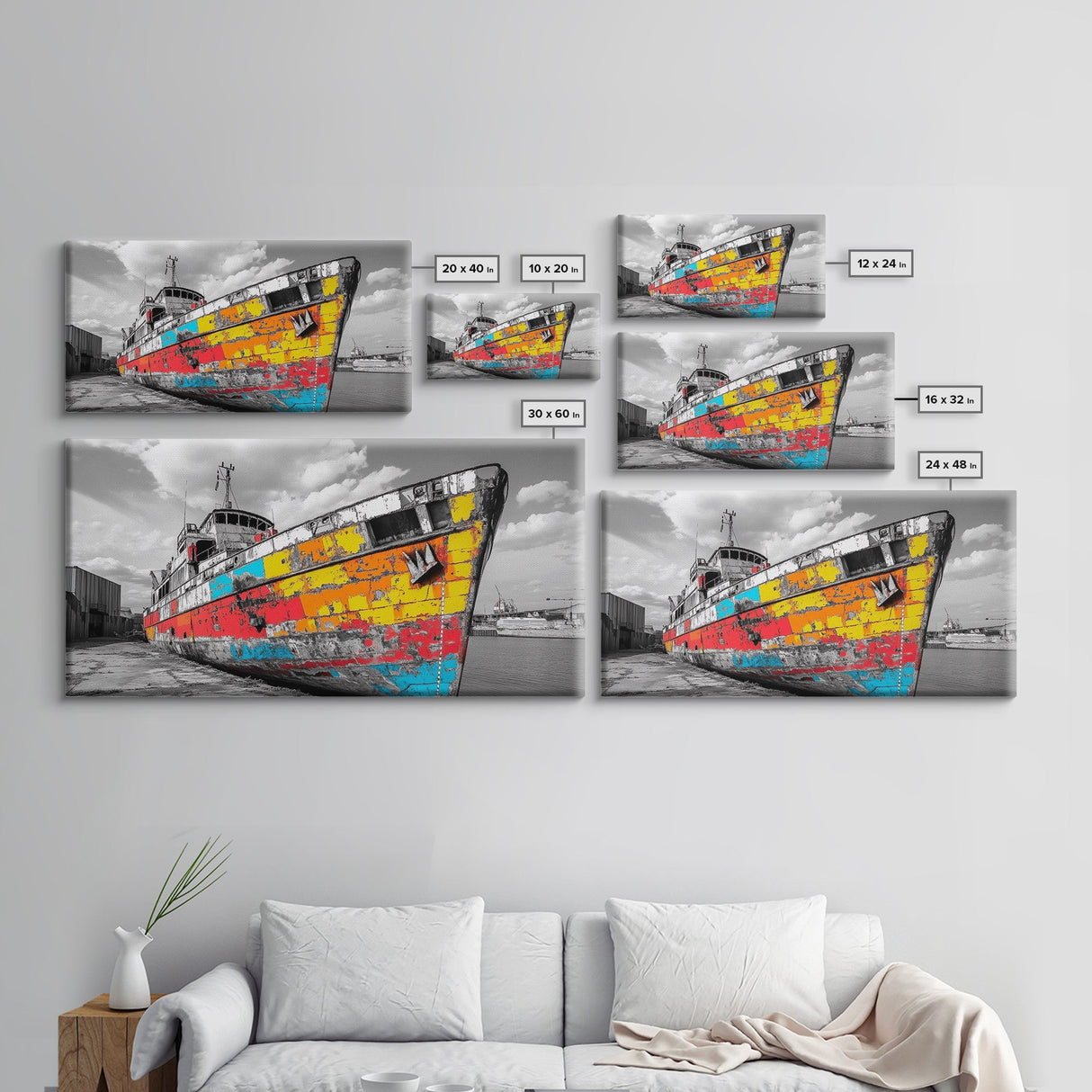 Colorful Rusted Ship Canvas Print | Nautical Wall Art | Coastal Painting | Moody Art | Extra Wide Art | Above Sofa Art | Wabi Sabi Art