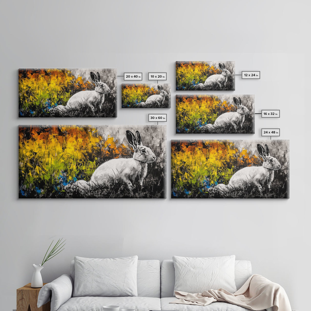 White Rabbit, whimsical art, forest at dusk painting, rustic wall art, farmhouse art, wildflower painting, Framed Canvas Print, cozy decor