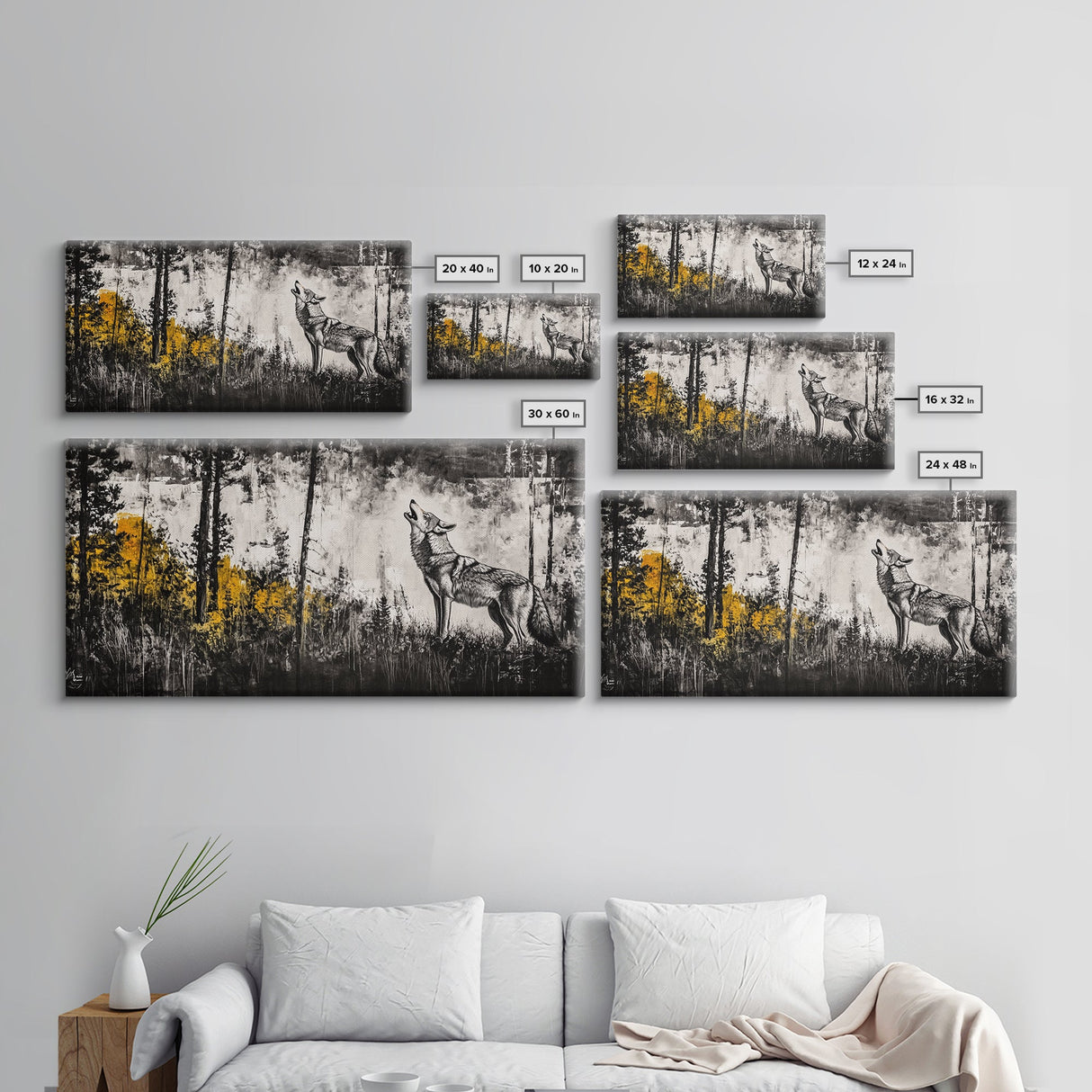 Howling Wolf, moody art, pine tree art, rustic wall art, forest at dusk painting, extra wide art, framed canvas print, southwestern art