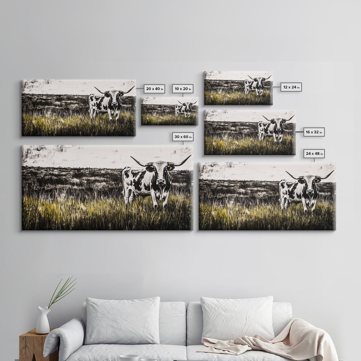 Longhorn Cattle, rustic wall art, farmhouse art, black cowgirl painting, extra wide art, framed canvas print, panoramic painting