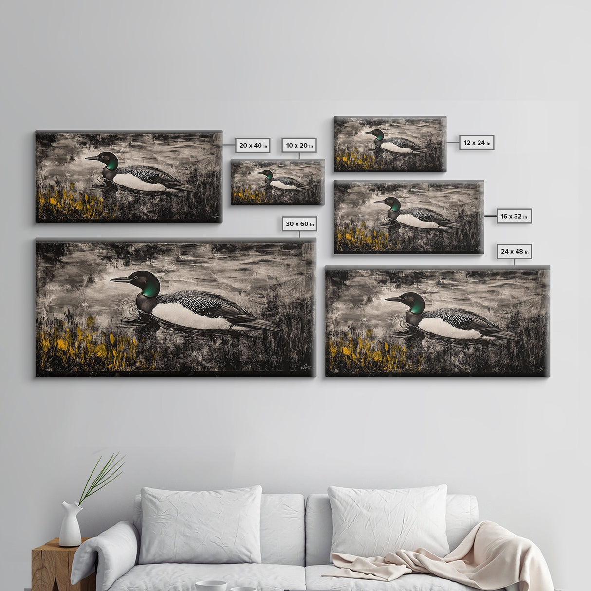 Loon Water Bird, Black and White Painting, Rustic Wildlife Art, Nature Wall Art, Lake House Decor, Framed Canvas Print, Extra Wide Art