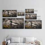 Loon Water Bird, Black and White Painting, Rustic Wildlife Art, Nature Wall Art, Lake House Decor, Framed Canvas Print, Extra Wide Art