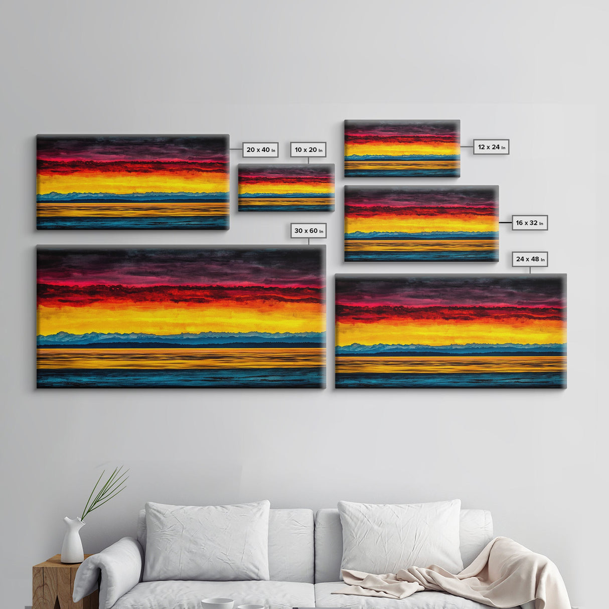 Sunset Over Water, Colorful Horizon Painting, Coastal Wall Art, Extra Wide Art, Framed Canvas Print, Above Sofa Art, Ocean Lover Gift