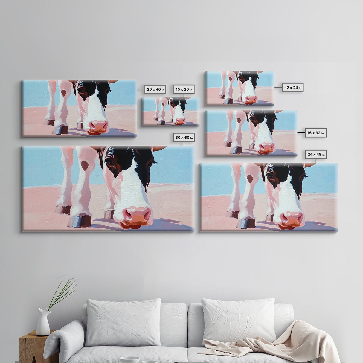 Longhorn Cow, Bull and Bear Art, Rustic Decor, Farmhouse Art, Southwest Wall Art, Light Pink Wall Art, Canvas Print, Living Room Art