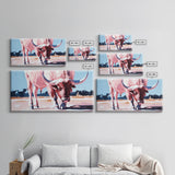 Texas Longhorn, rustic decor, bull and bear art, southwest wall art, pink orange wall art, extra wide art, framed canvas print