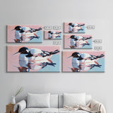 Waterfowl Reflection, bird art, lake Tahoe art, coastal painting, wildlife decor, pink orange wall art, framed canvas print