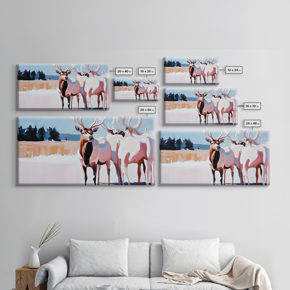 Elk in Snow, deer drinking water in forest painting, wildlife art, moody painting, rustic decor, landscape painting, canvas print