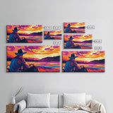 Cowboy Sunset, western art, landscape painting, rustic decor, panoramic art, farmhouse art, Framed Canvas Print, gift idea, extra wide art
