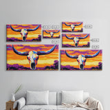 Skull, bull, desert art, cowboy decor, boho wall art, moody sunset, extra wide art, rustic decor, framed canvas print