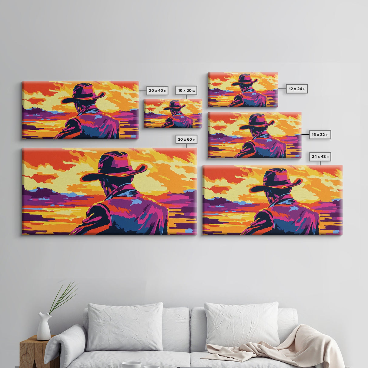 Cowboy, western silhouette, sunset art, ranch aesthetic, moody wall art, bold colors, extra wide art, rustic decor, framed canvas print