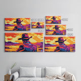 Cowboy, western silhouette, sunset art, ranch aesthetic, moody wall art, bold colors, extra wide art, rustic decor, framed canvas print