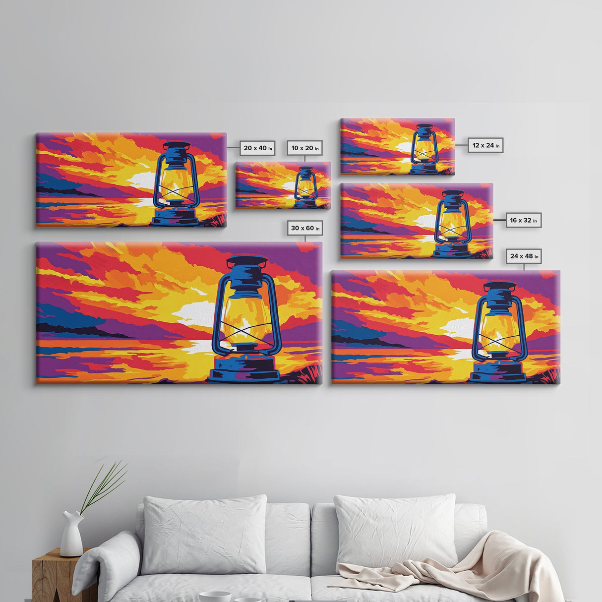Lantern, rustic, western glow, vintage camping, cowboy night, scenic sunset, farmhouse wall art, extra wide art, canvas print