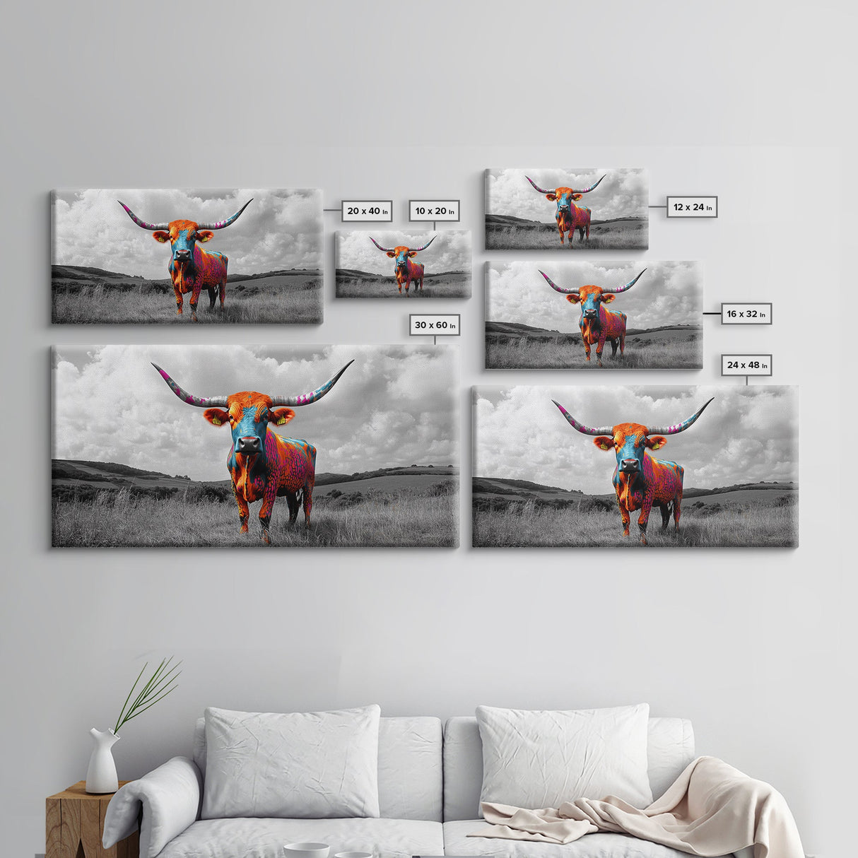 Psychedelic Longhorn Art Framed Canvas Print Vibrant Whimsical Art Southwest Wall Art Gift Idea Above Bed Art Rustic Decor