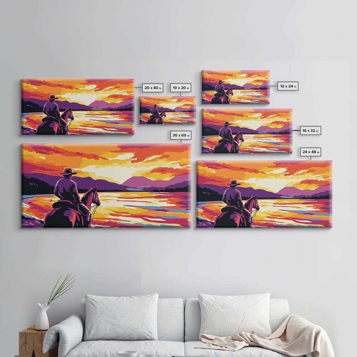 Cowboy on horseback, western silhouette, river sunset, rustic art, moody landscape, extra wide painting, vintage western, framed canvas print