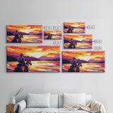 Cowboy on horseback, western silhouette, river sunset, rustic art, moody landscape, extra wide painting, vintage western, framed canvas print
