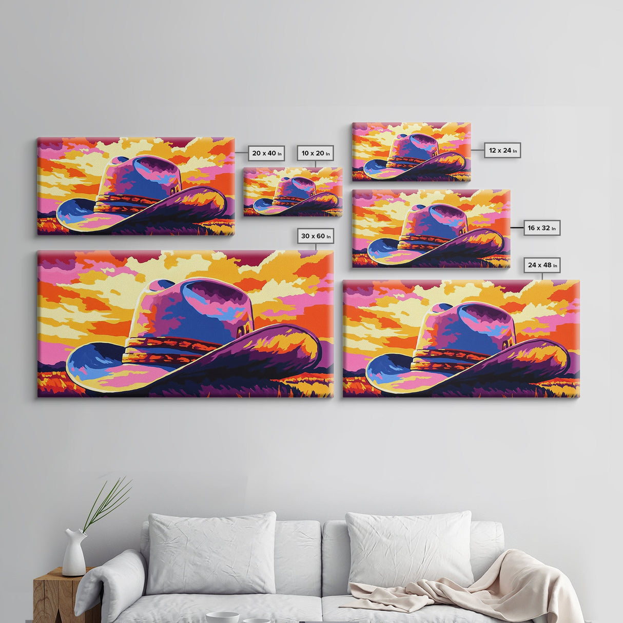 Cowboy hat, western decor, rustic style, bold colors, country aesthetic, southwest wall art, moody sunset, framed canvas print