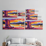 Cowboy boots, lake sunset, mountain painting, rustic western art, farmhouse decor, vibrant colors, extra wide art, canvas print
