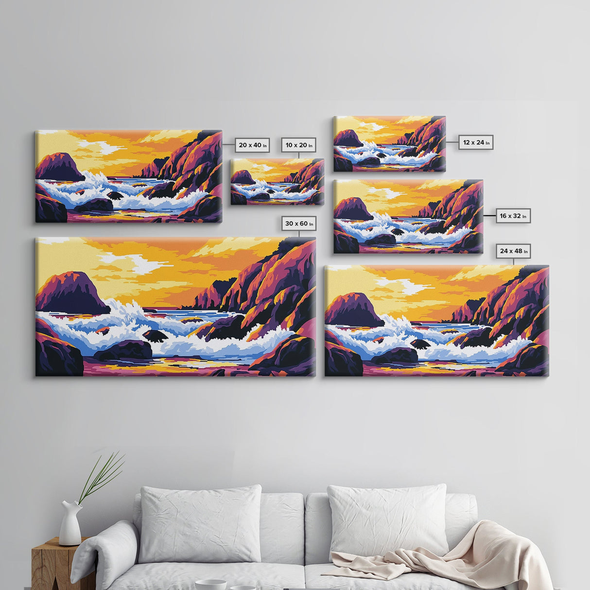 Ocean waves, coastal decor, rocky seascape, beach sunset, nautical wall art, panoramic art, coastal painting, framed canvas print