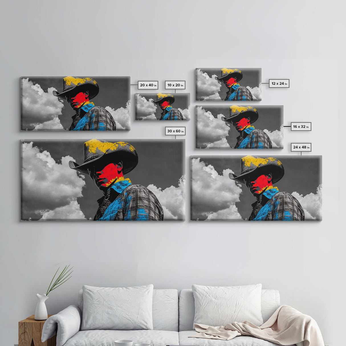 Western Cowboy Portrait Canvas Print Rustic Decor Southwest Wall Art Black Cowgirl Painting Farmhouse Art Extra Wide Horizontal Art
