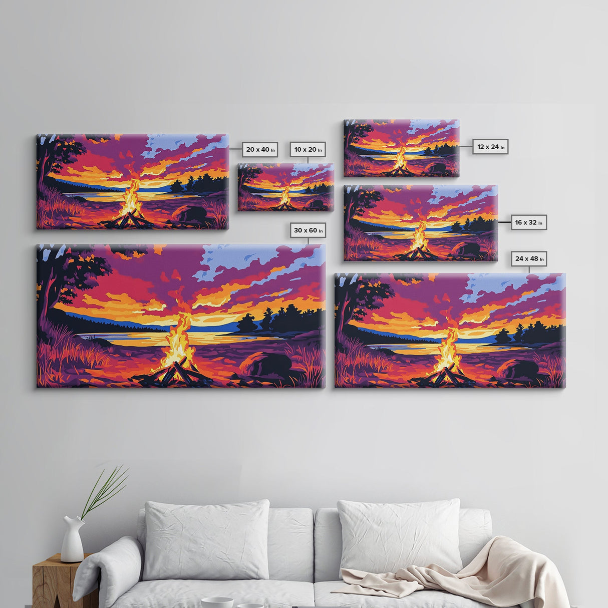 Bonfire, lakeside evening, autumn wall art, warm sunset painting, outdoor adventure art, extra wide art, framed canvas print