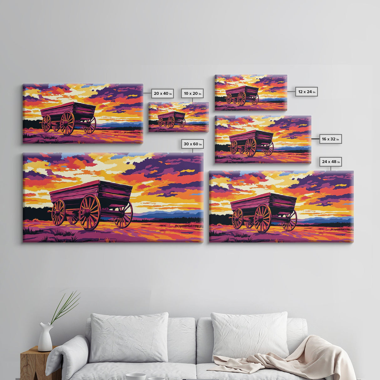 Covered wagon, prairie landscape, rustic western art, historical painting, farmhouse decor, extra wide art, framed canvas print