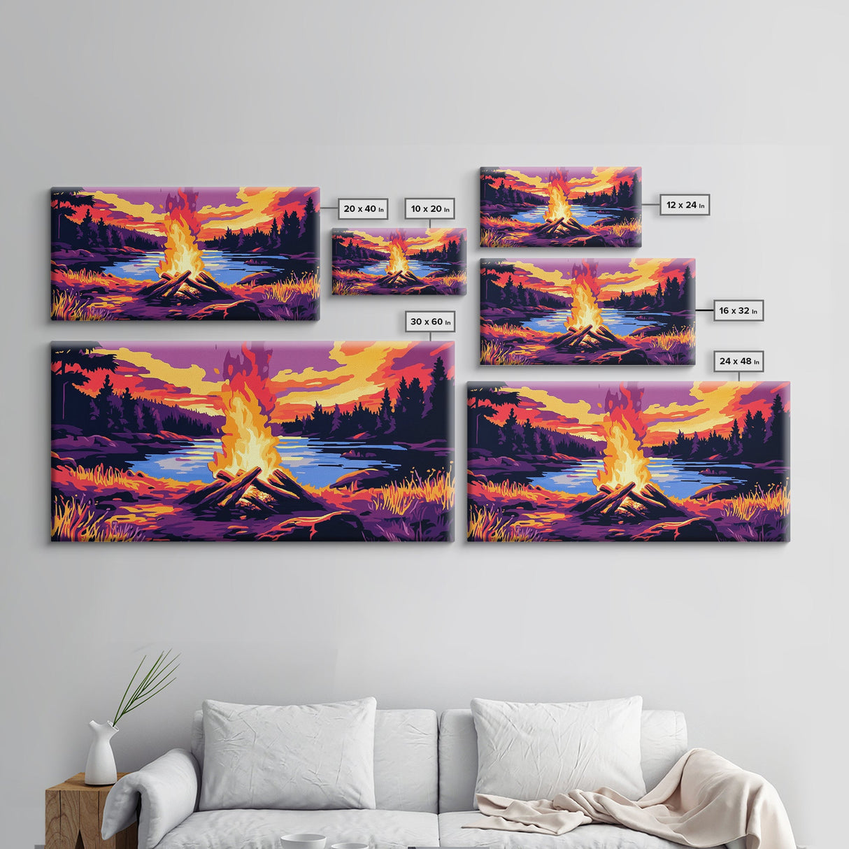 Campfire, lake sunset, rustic art, outdoor decor, cozy cabin wall art, smoky mountain art, framed canvas print, horizontal wall art