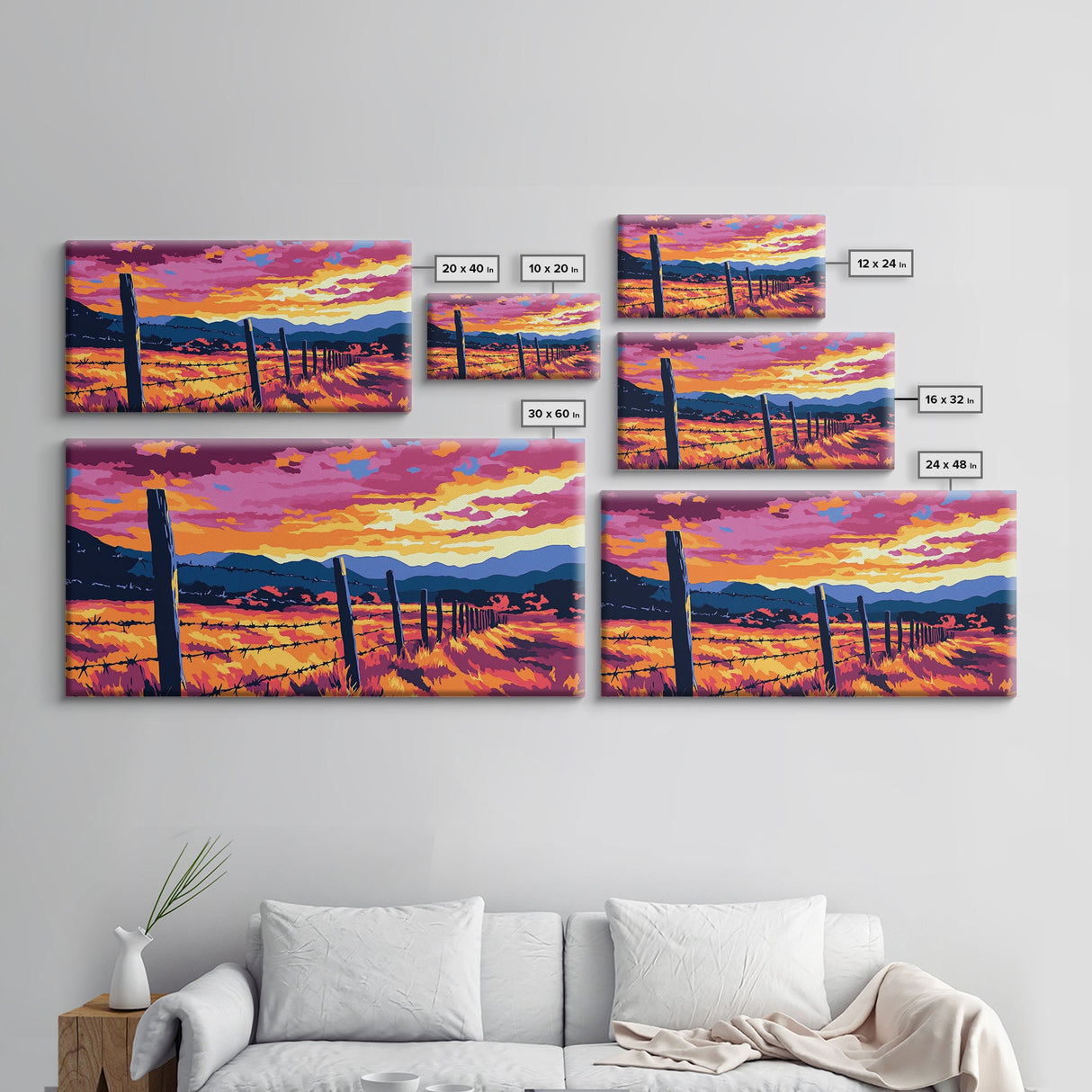 Barbed Fence, rustic art, country painting, extra wide art, farmhouse wall art, landscape painting, horizontal wall art, Framed Canvas Print