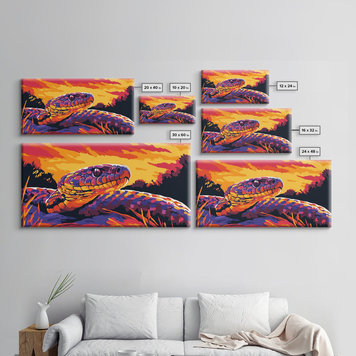 Snake Sunset, wildlife art, moody art, rustic decor, geometric wall art, southwest wall art, panoramic art, Framed Canvas Print, gift idea