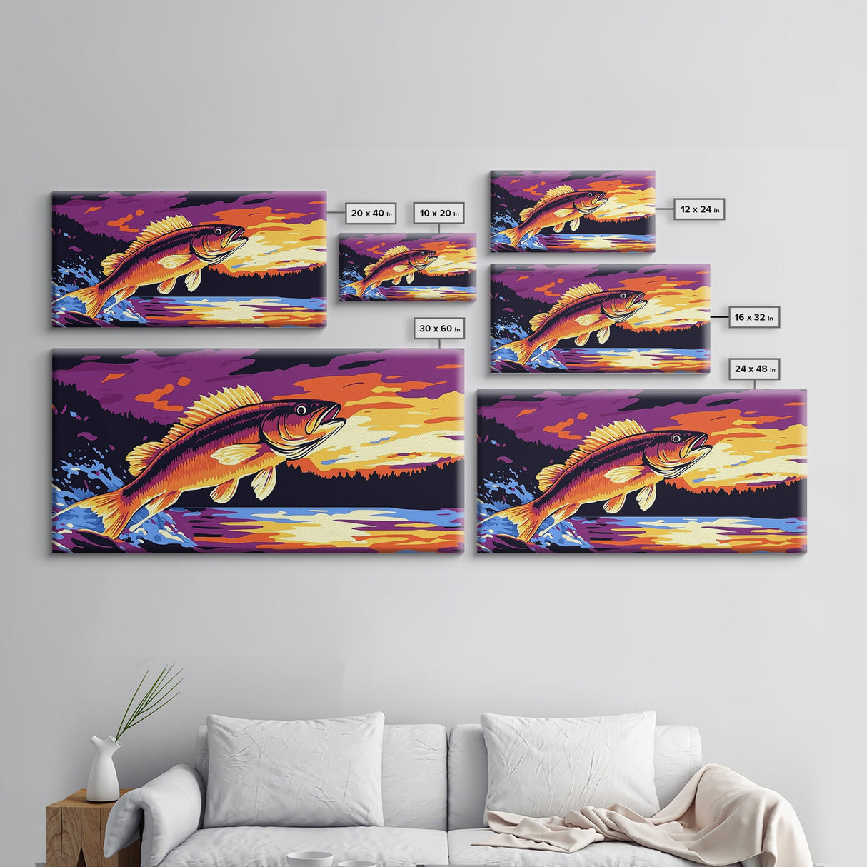 Jumping Bass, Fly Fishing Art, Rustic Decor, Horizontal Wall Art, Landscape Painting, Framed Canvas Print, Above Couch Art, Nautical Decor