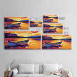 Boat on the Shore, nautical painting, seascape painting, rustic decor, above couch art, panoramic painting, extra wide art, canvas print