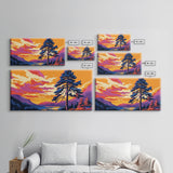Pine Tree Sunset, smoky mountain art, Joshua tree art, landscape painting, rustic decor, extra wide wall art, framed canvas print