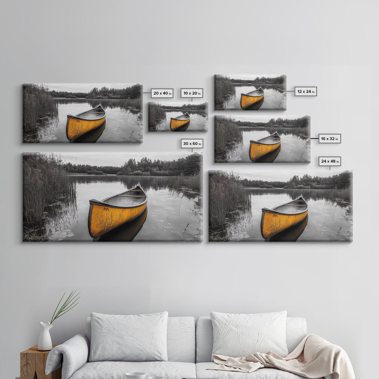 Rustic Canoe on Lake, coastal landscape art, lake Tahoe art, wabi sabi wall art, extra wide art, nautical decor, rustic art, Framed Canvas Print