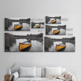 Rustic Canoe on Lake, coastal landscape art, lake Tahoe art, wabi sabi wall art, extra wide art, nautical decor, rustic art, Framed Canvas Print