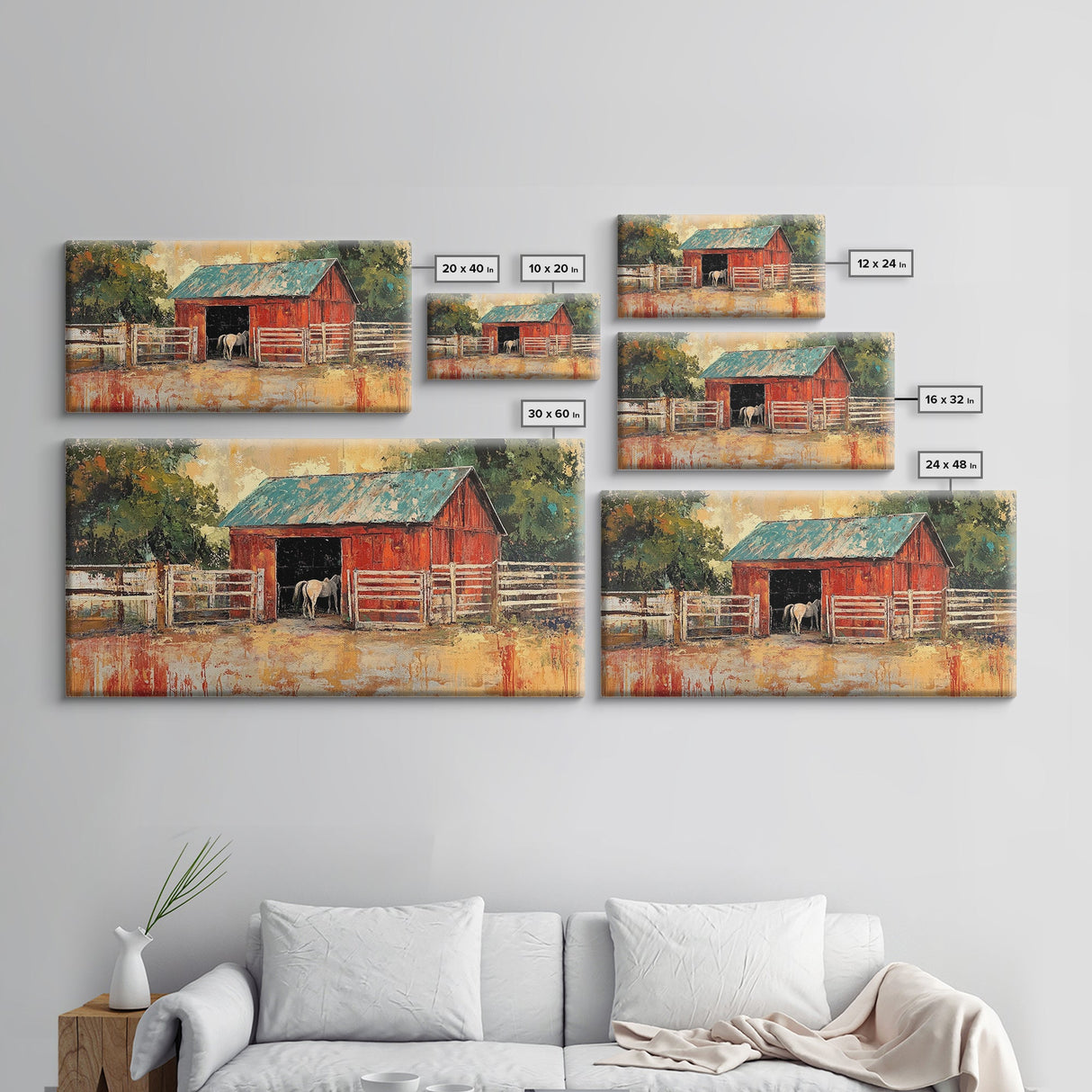 Rustic Barn Scene, barn landscape oil painting, western wall art, farmhouse decor, rural life painting, extra wide art, framed canvas print, wabi sabi art
