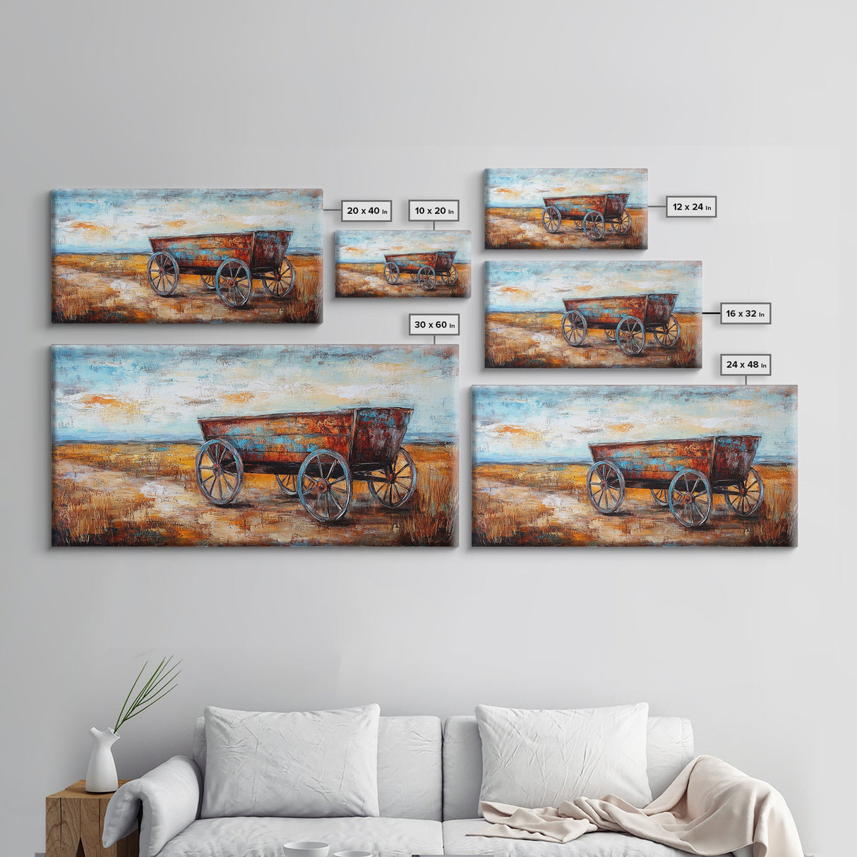 Rustic Wagon, Western Landscape, Farmhouse Art, Southwest Wall Art, Vintage Horse Art, Extra Wide Art, Horizontal Wall Art, Framed Canvas Print