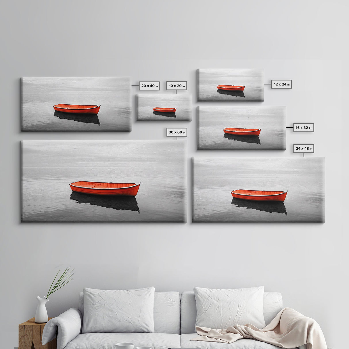 Lone Red Boat, coastal wall art, seascape painting, nautical decor, minimalist art, black and white photography, above couch art, Framed Canvas Print