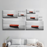 Lone Red Boat, coastal wall art, seascape painting, nautical decor, minimalist art, black and white photography, above couch art, Framed Canvas Print